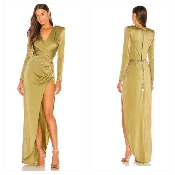 Bronx and Banco Olive Maxi Dress 6 Metallic Padded Shoulder Vneck Slit Surplice - Picture 2 of 12